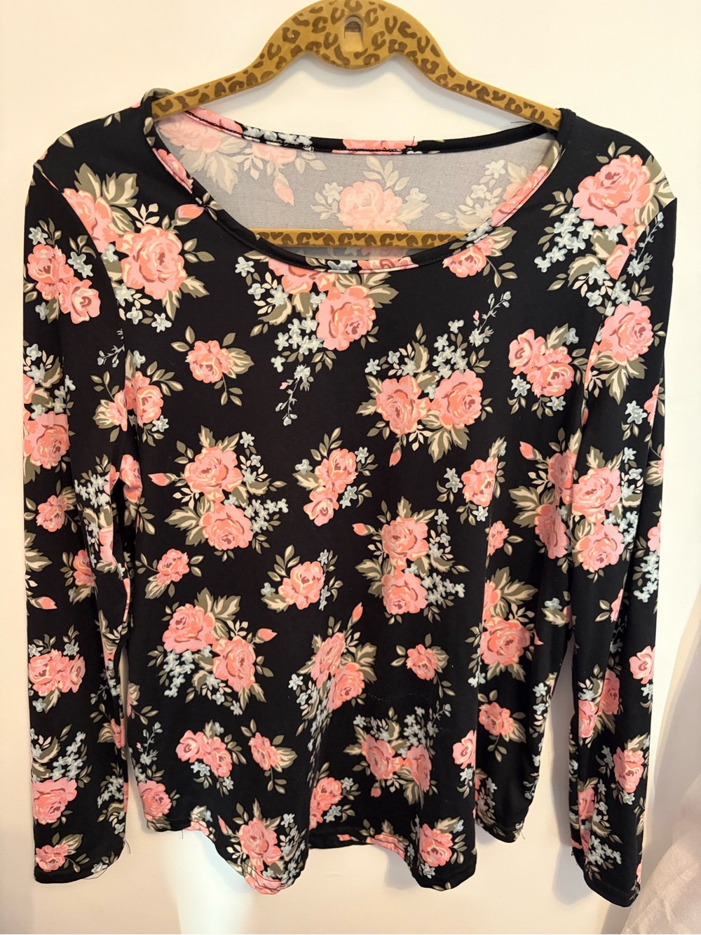 Women's Black Long-Sleeve Top with Pink Rose Print